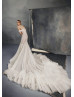 Off Shoulder Shiny Lace Tulle Wedding Dress With Frilled Train